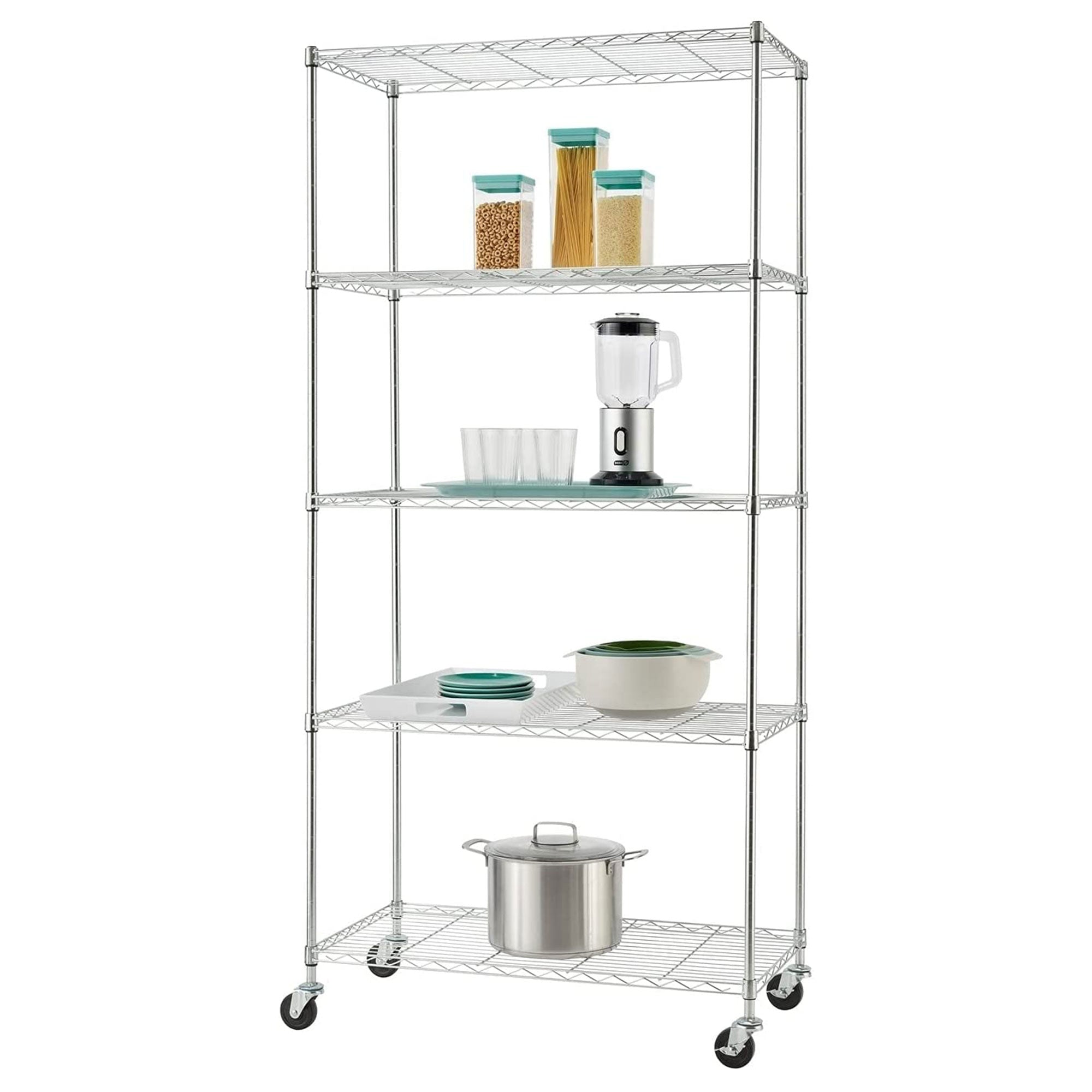 TRINITY BASICS EcoStorage 5 Tier Adjustable Wire Shelving with Wheels, Chrome - VMInnovations