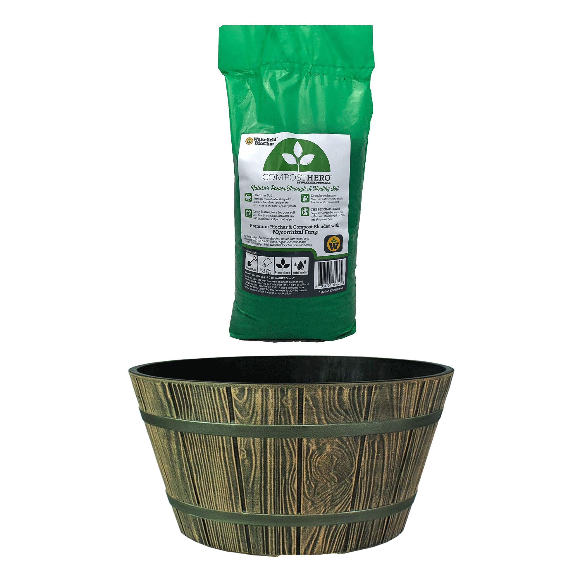 HC Companies Wooden Oak Barrel Planter with Wakefield HERO Blend Garden Compost