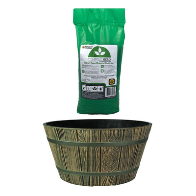 HC Companies Wooden Oak Barrel Planter with Wakefield HERO Blend Garden Compost