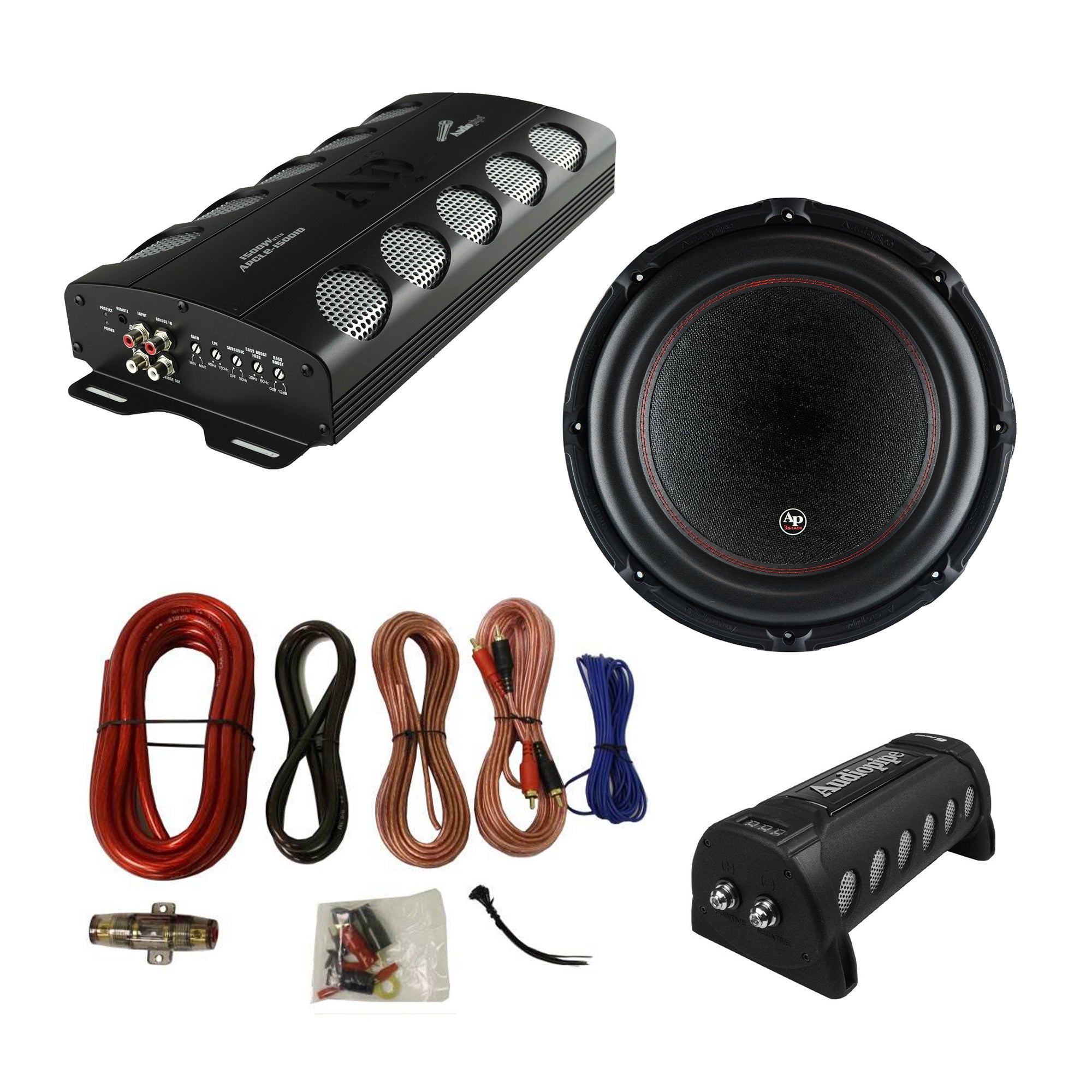 Audiopipe Class D Amp, Capacitor, 15in Dual Subwoofer 2-Pack, & QPOWER Wire Kit - VMInnovations
