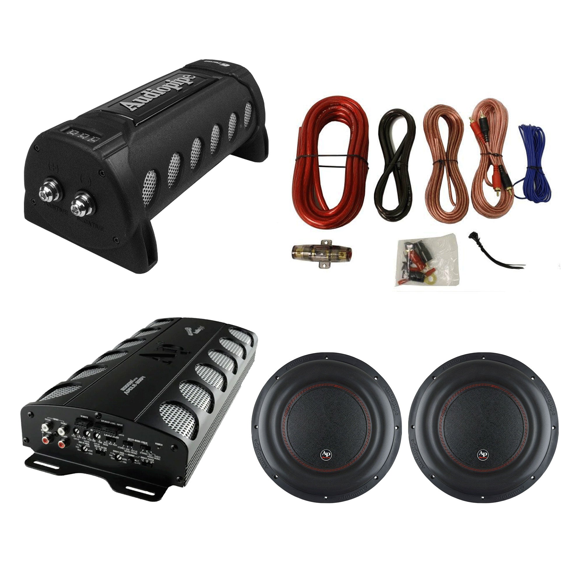 Audiopipe Class D Amp, Capacitor, 12 In Dual Subwoofer 2 Pk, & QPOWER Wiring Kit - VMInnovations