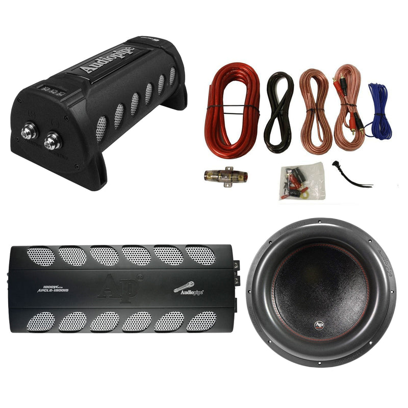 Audiopipe Class D Amp, Capacitor, 2800W 15 Inch Subwoofer, and QPOWER Wiring Kit