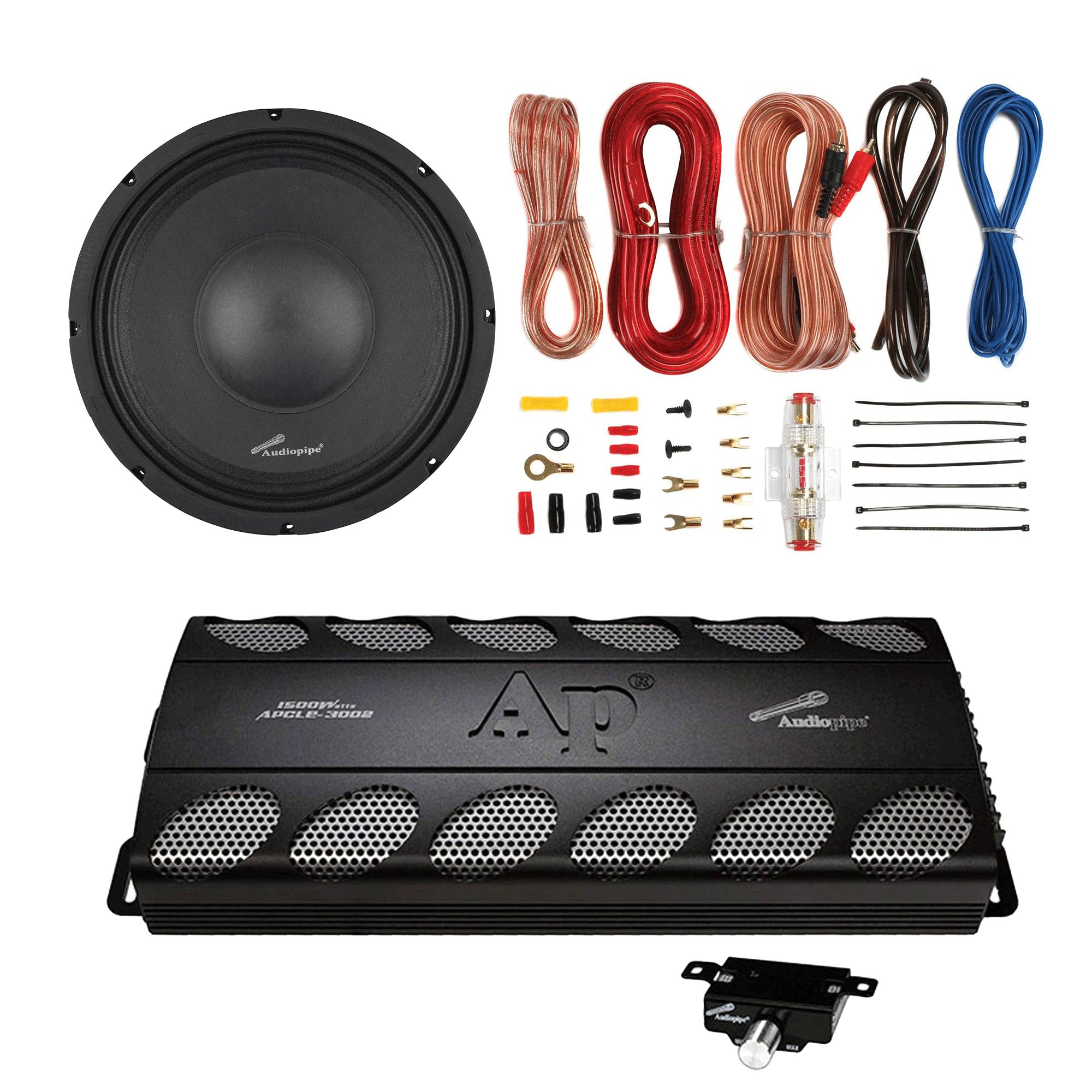 AudioPipe Class AB 2 Channel Amp, 10 Inch Loudspeaker, and Soundstorm Wiring Kit - VMInnovations
