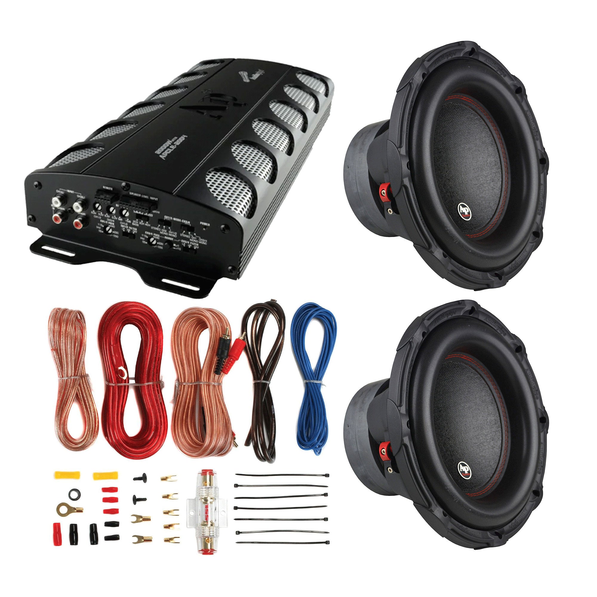 AudioPipe MOSFET Car Stereo Amplifier w/ 2 Audio Subwoofer & Complete Wiring Kit