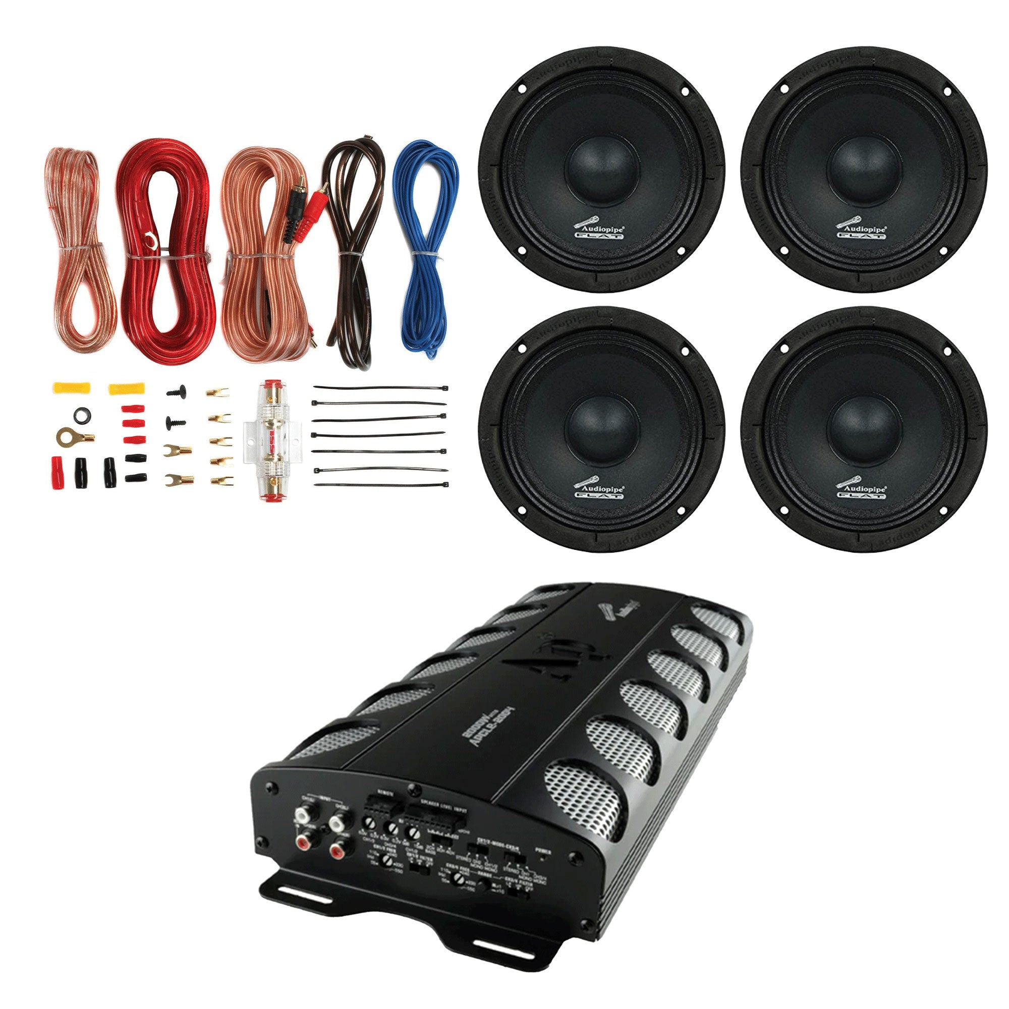 AudioPipe MOSFET Car Stereo Amplifier w/ 4 Driver Speakers & Complete Wiring Kit - VMInnovations
