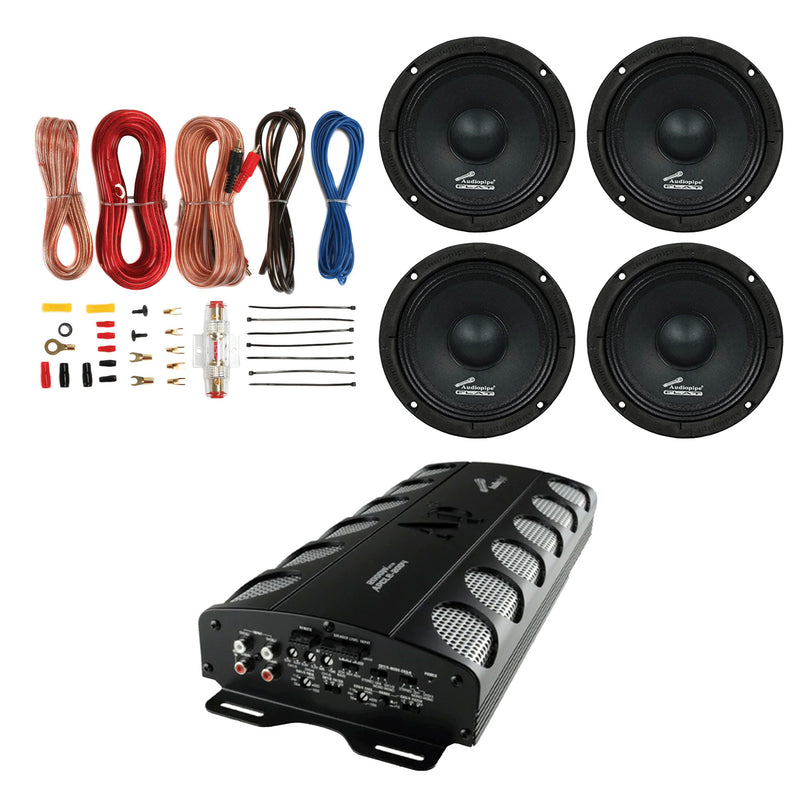 AudioPipe MOSFET Car Stereo Amplifier w/ 4 Driver Speakers & Complete Wiring Kit