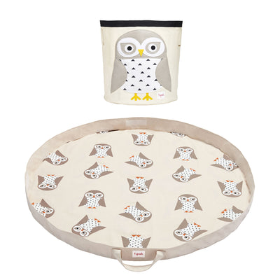 3 Sprouts Storage Bin Basket and Toy Storage Bag Play Mat, Gray Owl Pattern