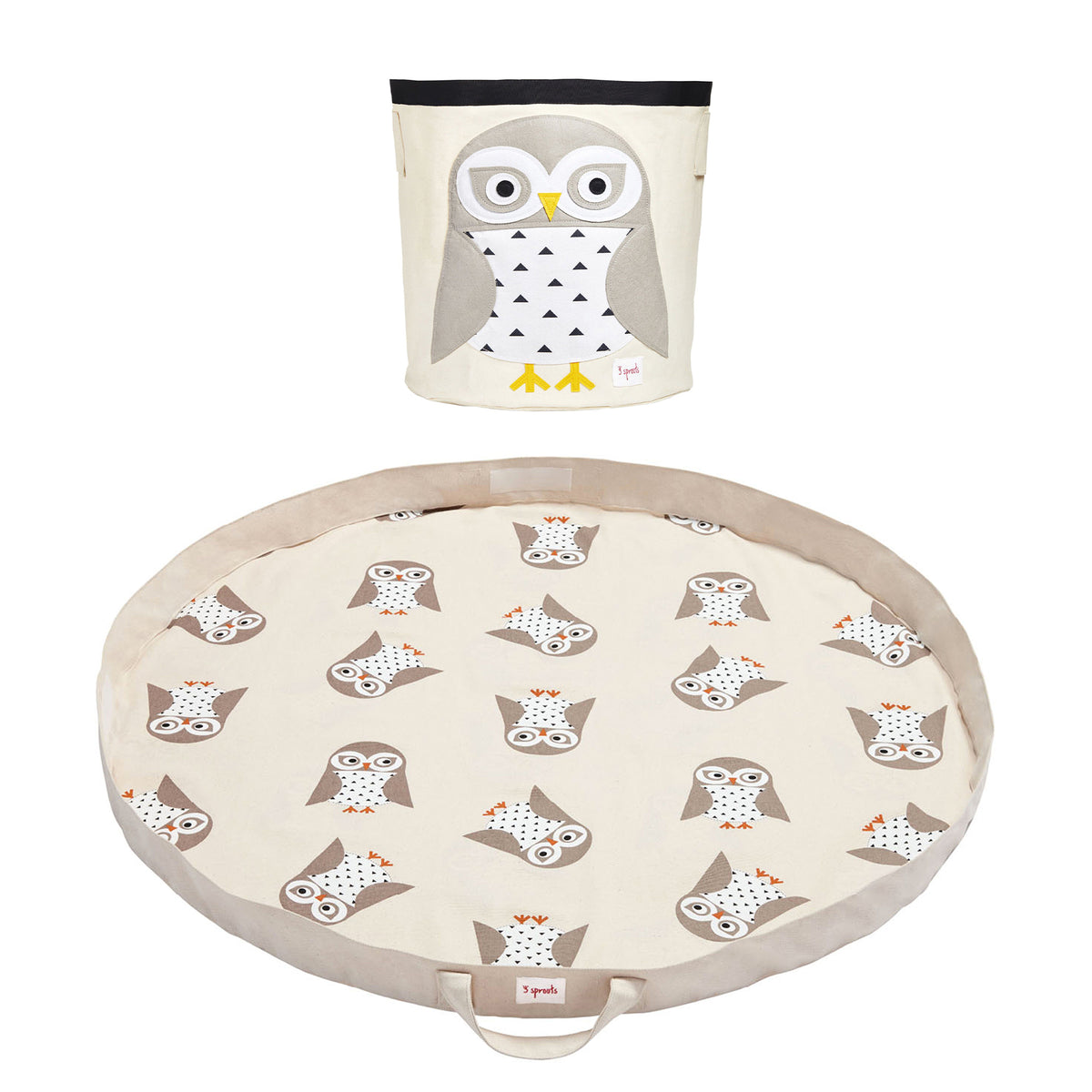 3 Sprouts Storage Bin Basket and Toy Storage Bag Play Mat, Gray Owl Pattern