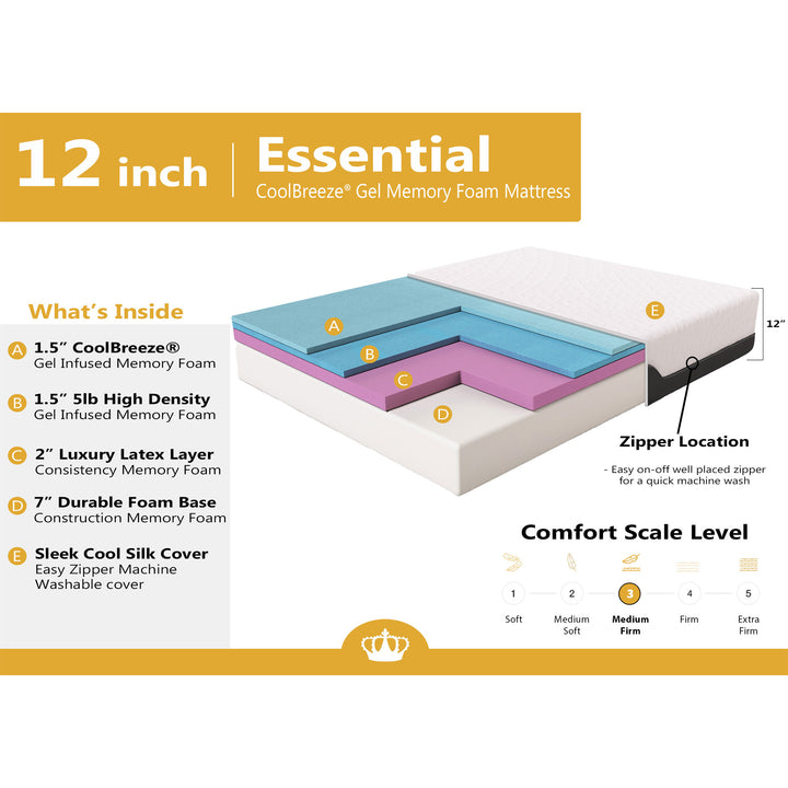 DynastyMattress CoolBreeze 12 Inch Essential Sleep Air Gel Infused Memory Foam Bed Medium Firm King Size