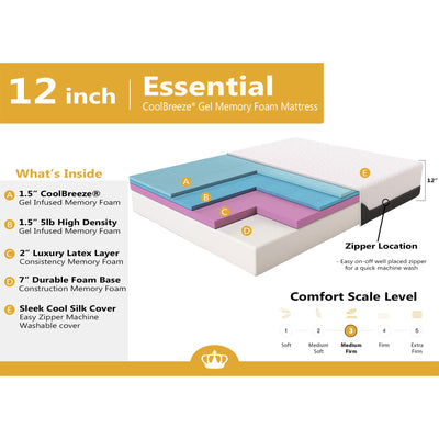 DynastyMattress CoolBreeze 12 Inch Essential Sleep Air Gel Infused Memory Foam Bed Medium Firm Queen Size - VMInnovations
