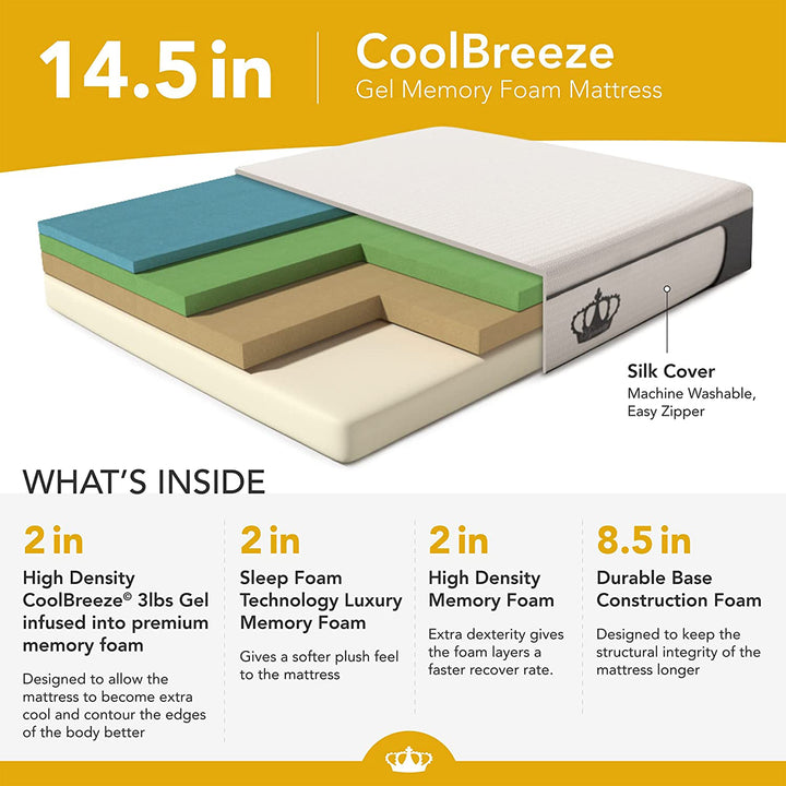 Dynasty Mattress 14.5 Inch CoolBreeze Gel Memory Plush Queen Size Foam Mattress Bed