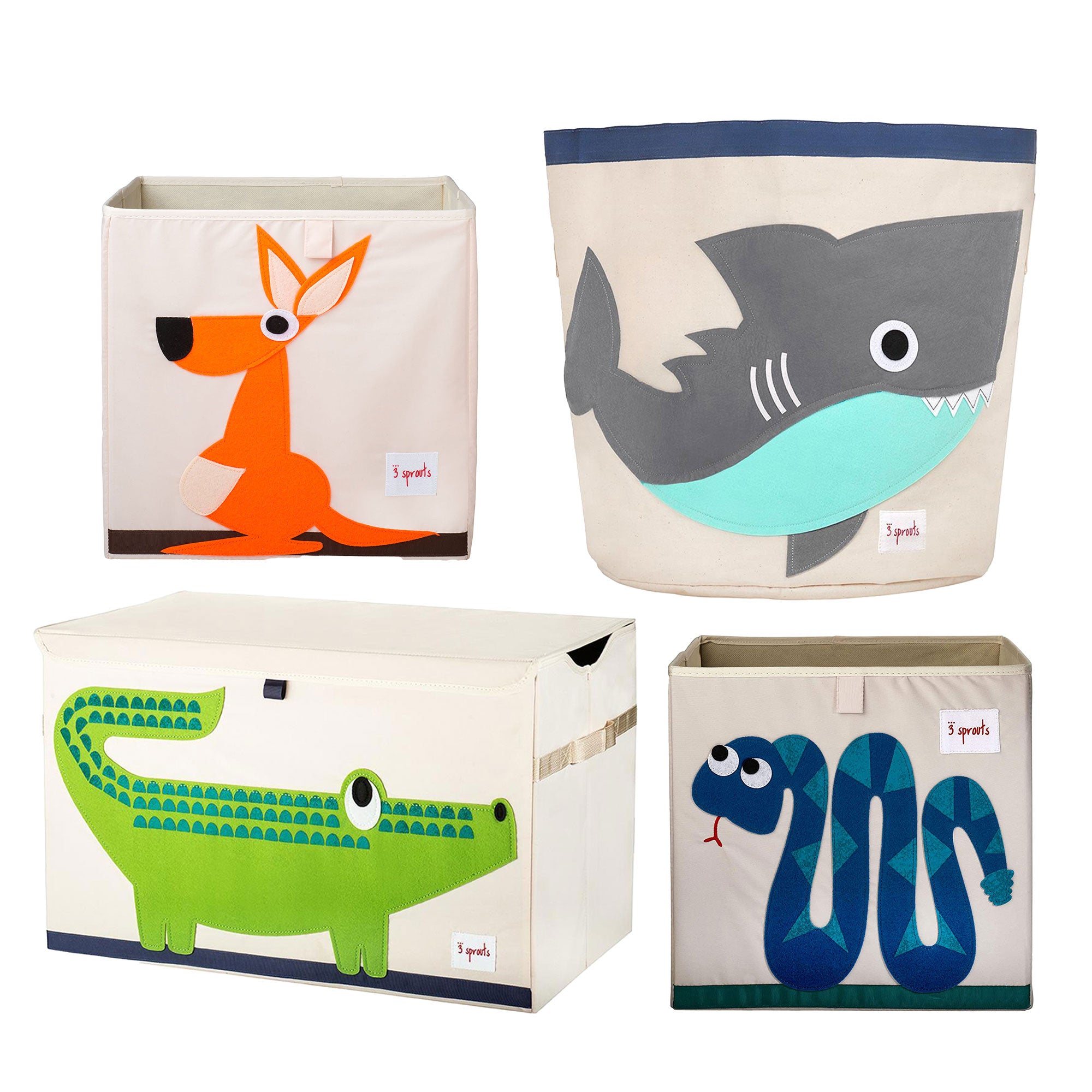 3 Sprouts Kangaroo & Snake Cube Bins, Rectangle Crocodile Bin, & Shark Basket
