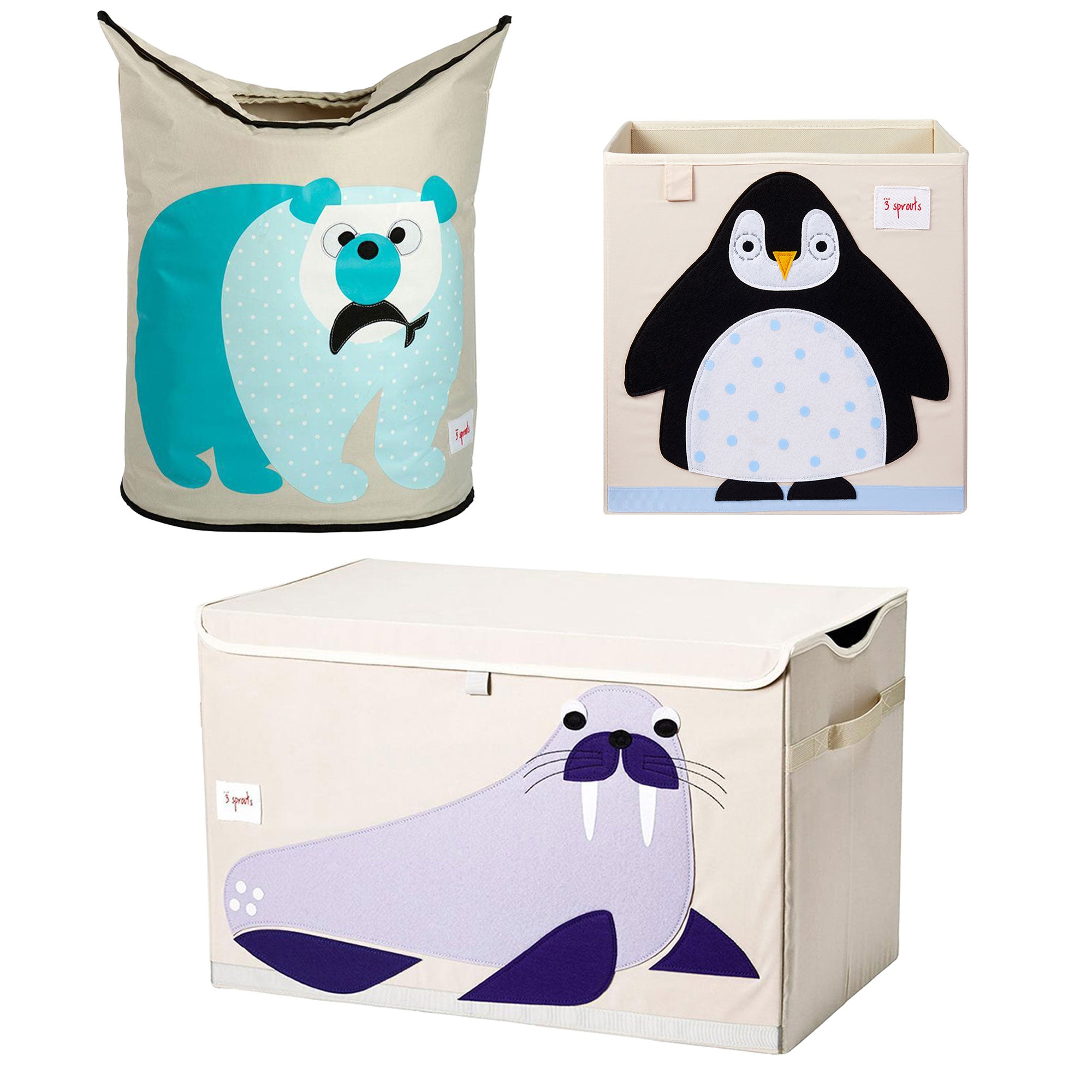 3 Sprouts Penguin Cube Bin, Polar Bear Laundry Basket, & Walrus Rectangle Bin