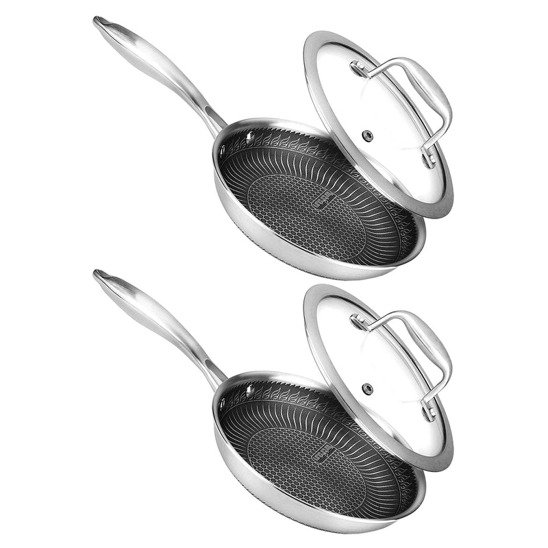 NutriChef 8 Inch Nonstick Tri Ply Stainless Steel Cookware Pan with Lid (2 Pack)