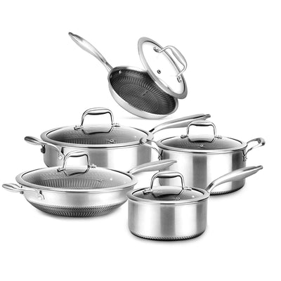 NutriChef 8in Nonstick Tri Ply Stainless Steel Pan & 8 Piece Nonstick Pan Set