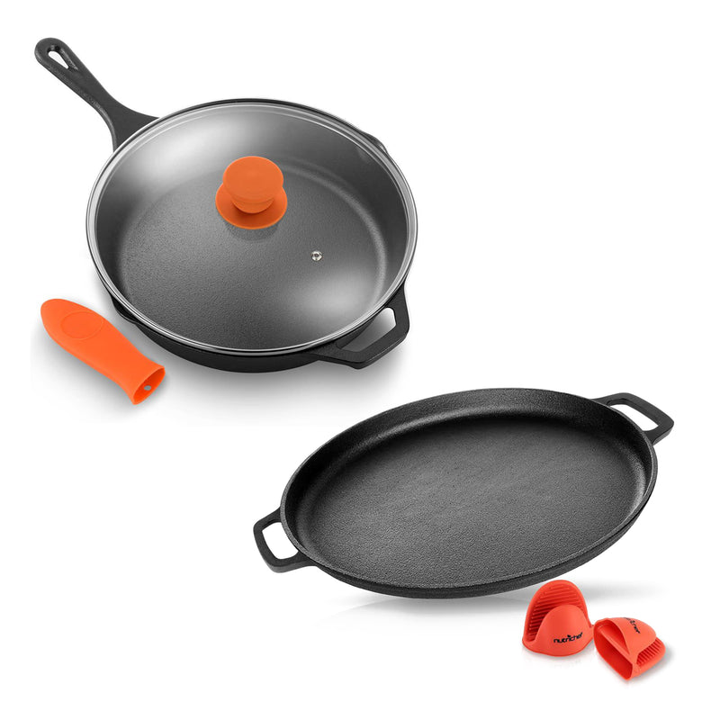 NutriChef 14 In Round Cast Iron Pizza Pan & 12 In Nonstick Cast Iron Frying Pan
