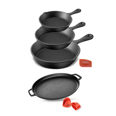 NutriChef 14 Inch Cast Iron Skillet 3 Piece Set with 14 Inch Pizza Baking Pan