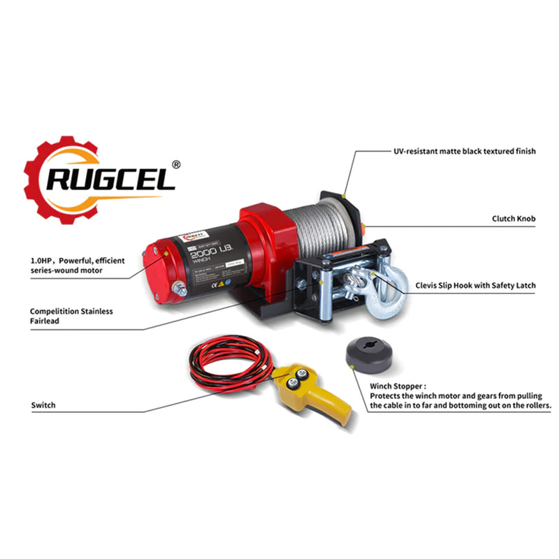 RUGCEL 2000Lb 1 HP Electric Winch w/Wire Rope, Switch, Winch Stopper (For Parts)