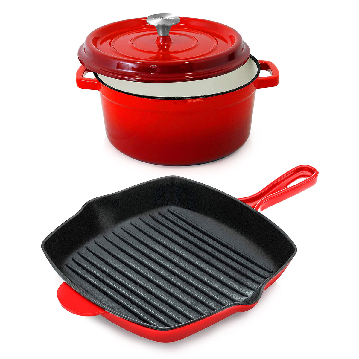 NutriChef 5 Quart Iron Dutch Oven, Red, & 11 Inch Square Cast Iron Skillet, Red
