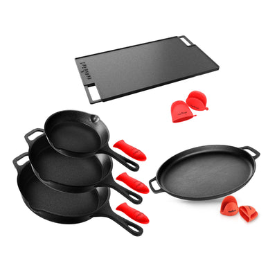 NutriChef 3 Piece Skillet Set, 18in Cast Iron Grill Pan, & 14in Pizza Baking Pan