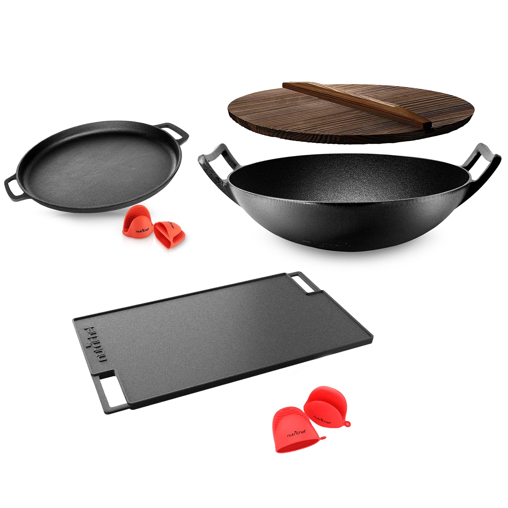 NutriChef Pre Seasoned Cast Iron Stir Fry Wok w/ Grill Plate & Pizza Baking Pan