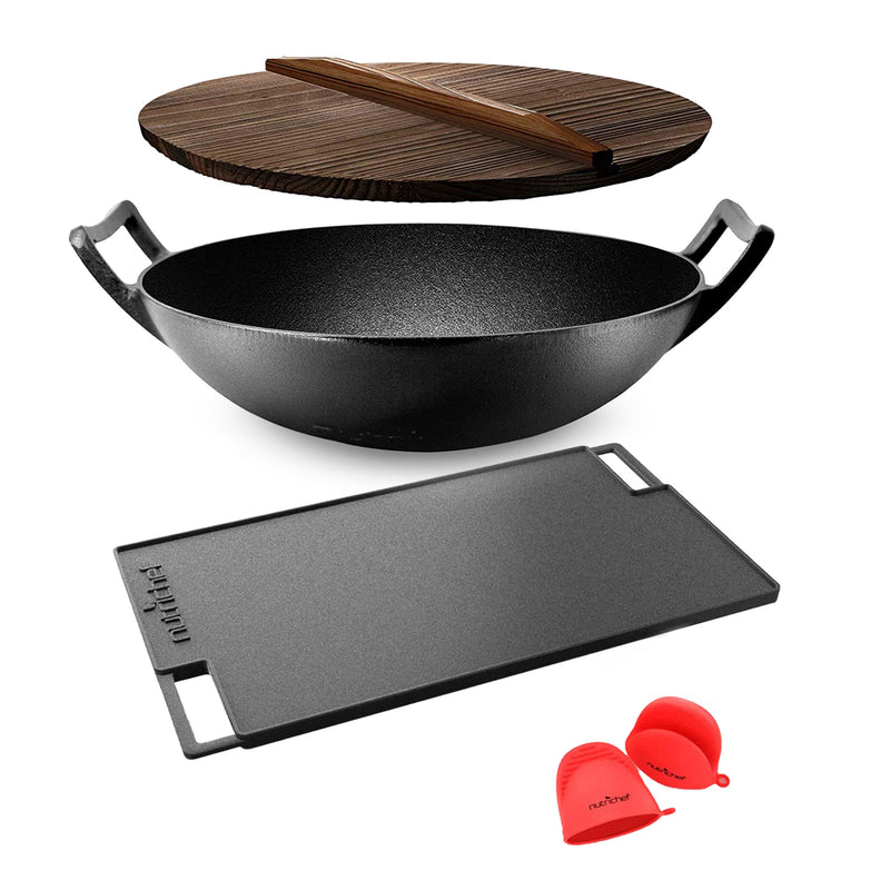 NutriChef Pre Seasoned Wok Cast Iron Stir Fry Pan w/ Reversible Grill Plate Pan
