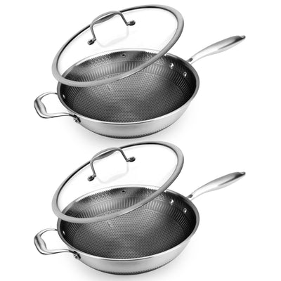 NutriChef 12" Stainless Steel Nonstick Cooking Wok Stir Fry Pan, Silver (2 Pack)