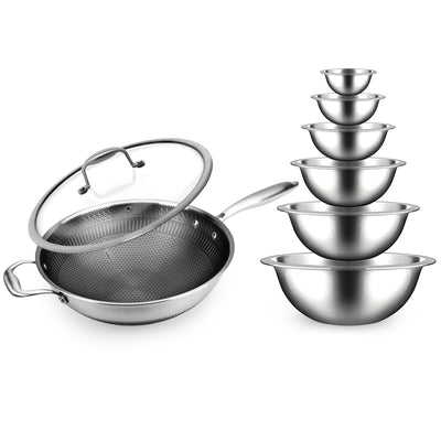 NutriChef Stainless Steel Nonstick Cooking Wok with Food Prep Mixing Bowl Set - VMInnovations