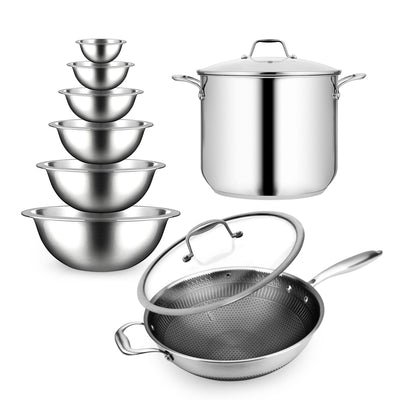 NutriChef 12 Quart Stockpot & 12 Inch Nonstick Wok & 6 Piece Serving Bowl Set