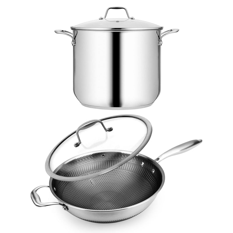 NutriChef 12qt Stainless Steel Stockpot & 12in Stainless Steel Nonstick Wok Pan