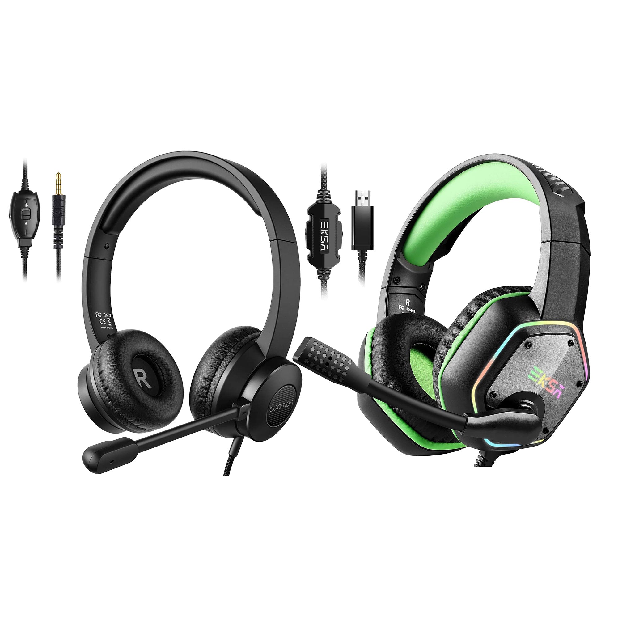 EKSA RGB USB Gaming Headset, Green, and S100 Headphones with Microphone, Black - VMInnovations