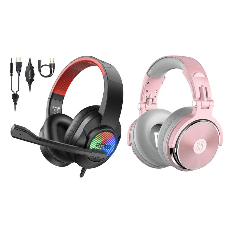 OneOdio Pro 10 Studio Wired DJ Headphones, Pink and T8 USB Wired Headphones