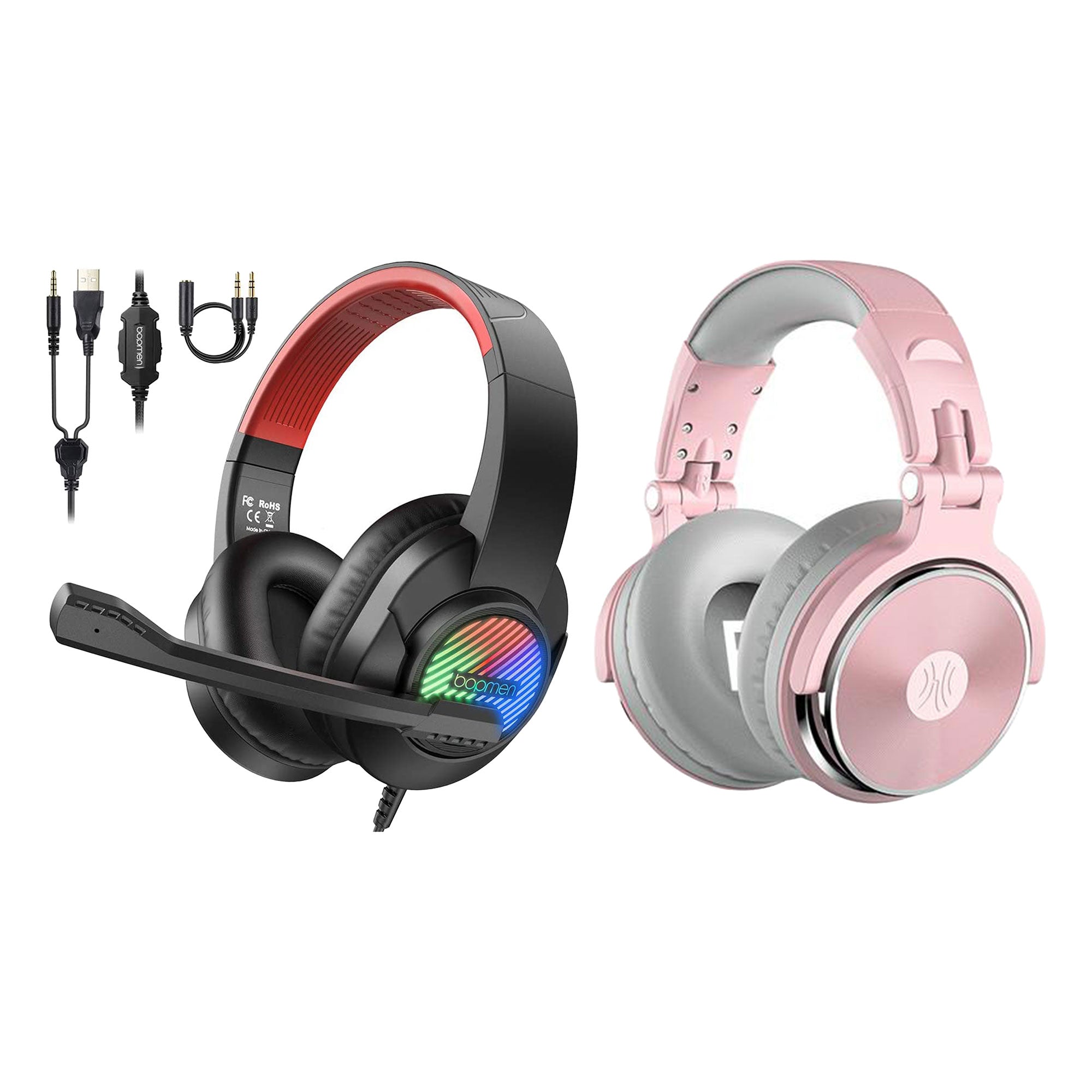 OneOdio Pro 10 Studio Wired DJ Headphones, Pink and T8 USB Wired Headphones - VMInnovations