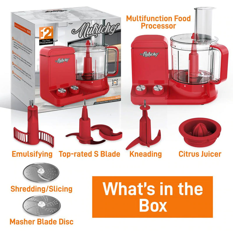 12 Cup Multifunctional Food Processor with 6 Attachment Blades, Red (Open Box)