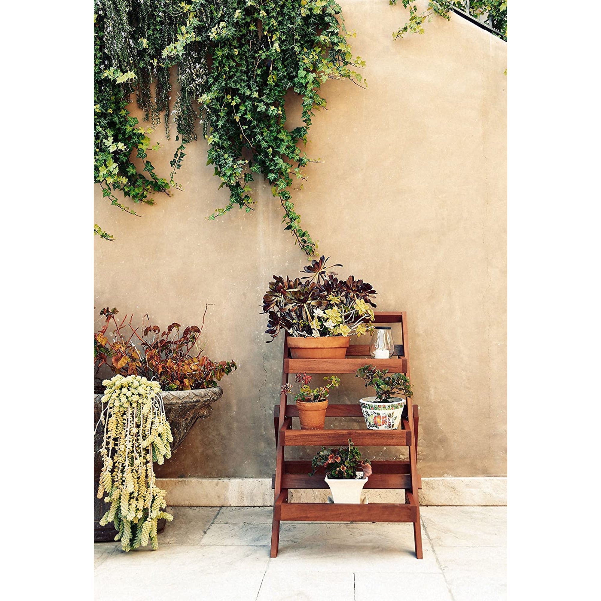 VIFAH Malibu 24-Inch Wide 3-Layer Wooden Outdoor or Indoor Patio Plant Stand