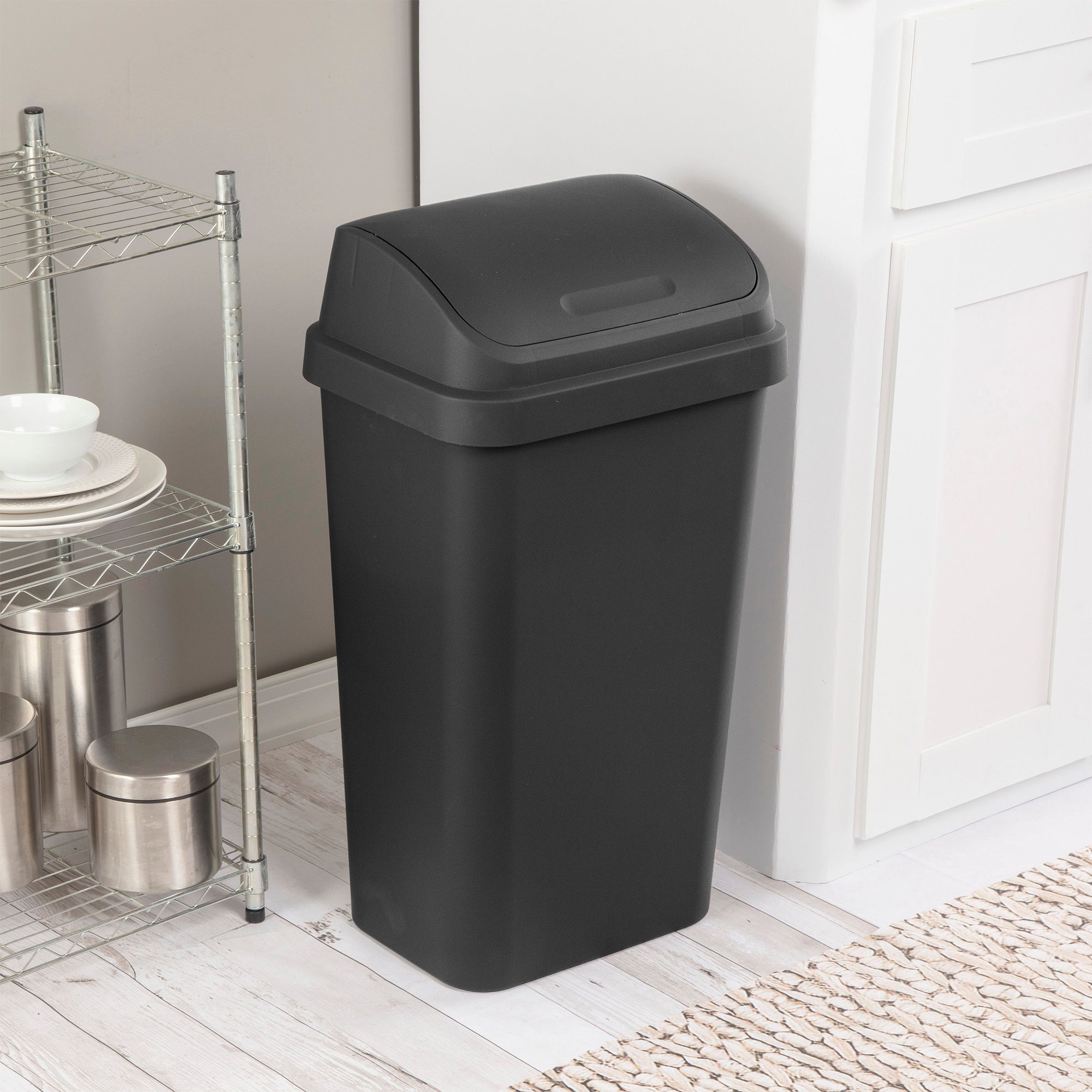 Sterilite 13 Gallon Swing Top Lidded Wastebasket Trash Can for Kitchen, Black