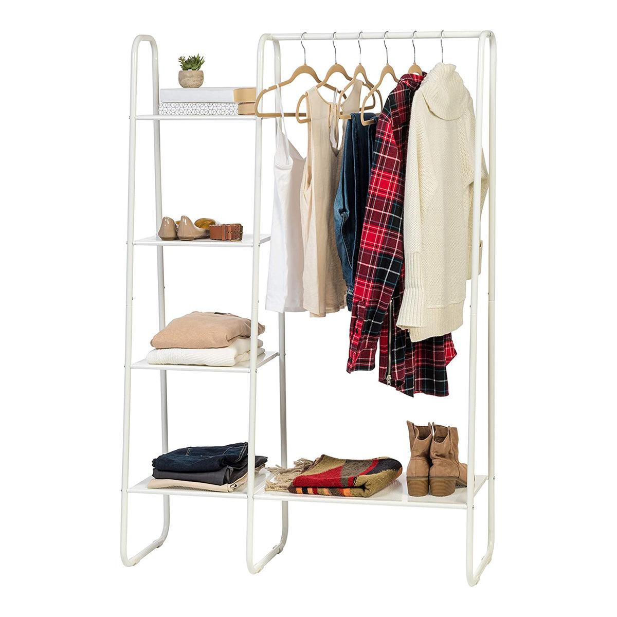 IRIS Freestanding 5 Ft Tall Metal Garment Rack with 4 Mesh Shelves, White (Used)