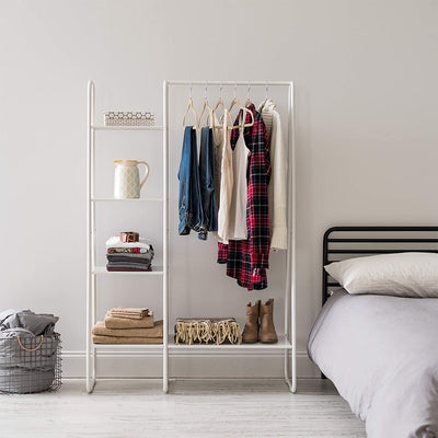 IRIS Freestanding 5 Foot Tall Metal Garment Rack with 4 Mesh Shelves, White