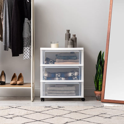 3 Drawer Plastic Portable Rolling Wide Storage Drawer Chest, White (Open Box)