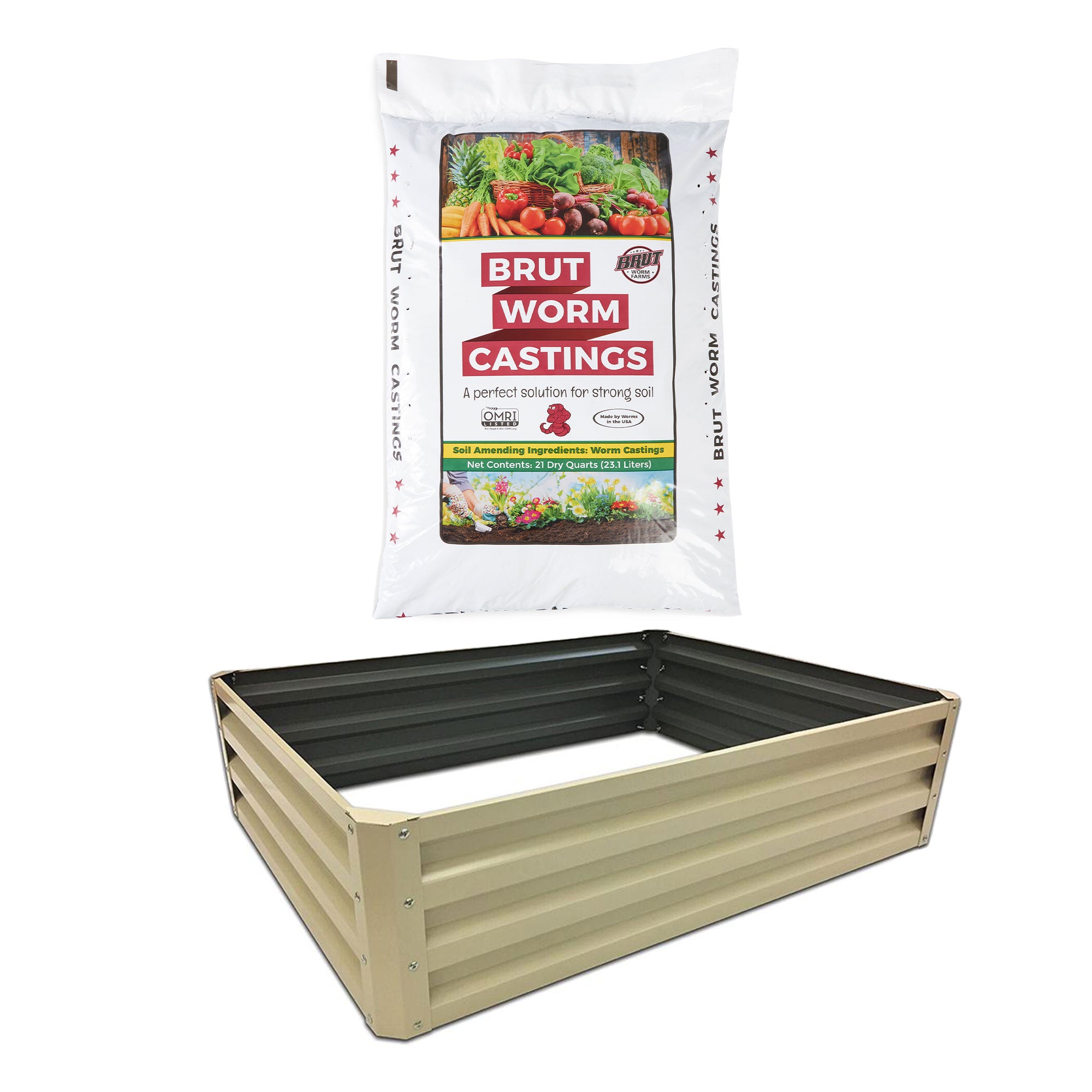 Stratco 4x3x1ft Raised Garden Bed & Brut Worm Castings Soil Builder, 30lb Bag - VMInnovations