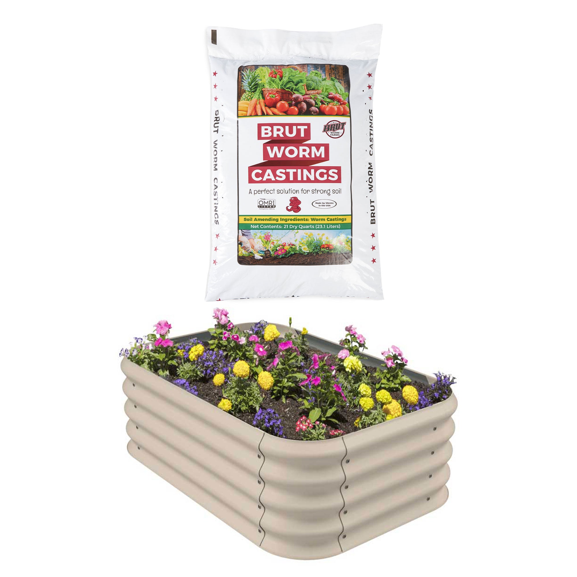Stratco Raised Garden Bed, Beige & Brut Worm Castings Soil Builder, 30lb Bag