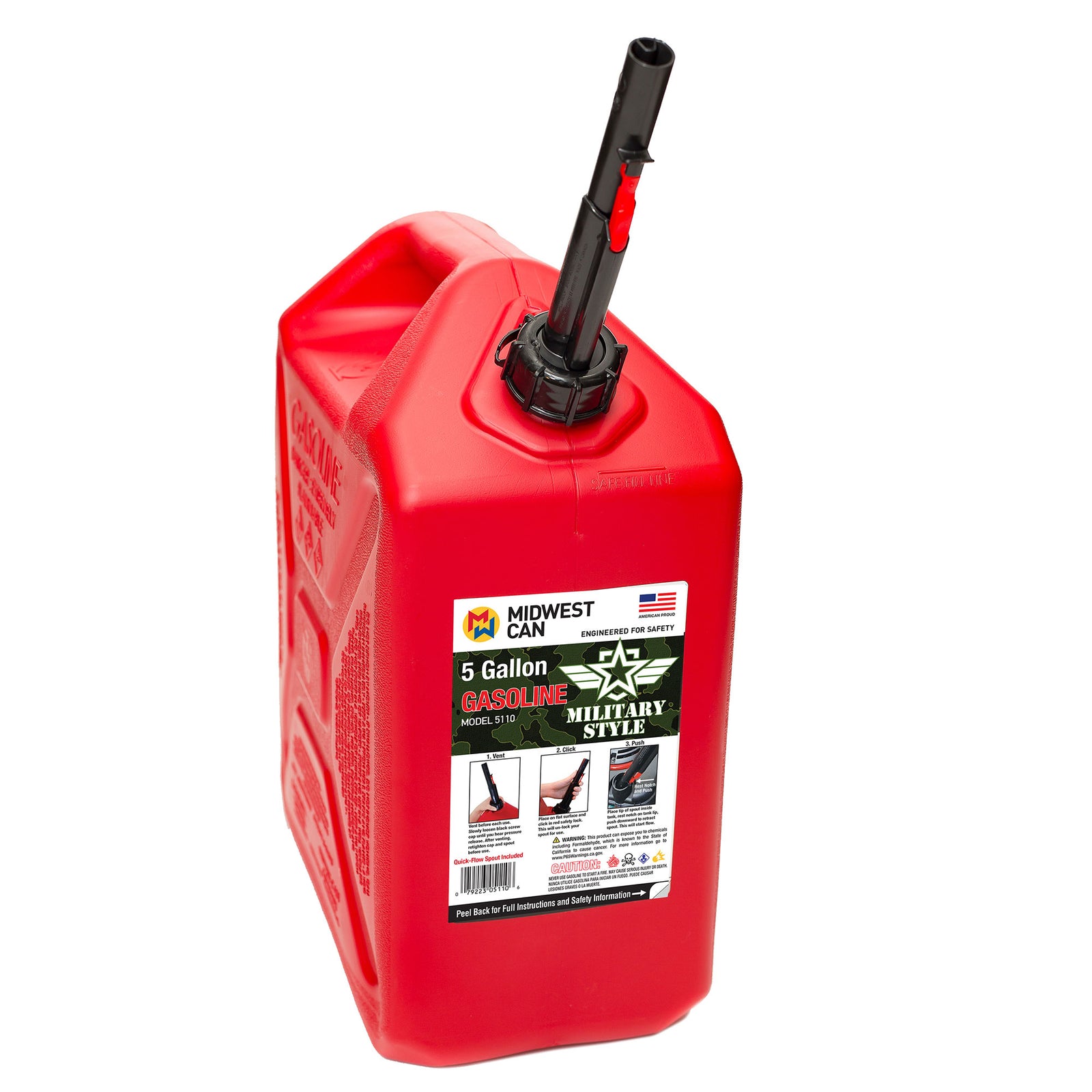 Midwest Can Company Military Style Gas Can with Quick Flow Spout, 5 Gallons, Red - VMInnovations