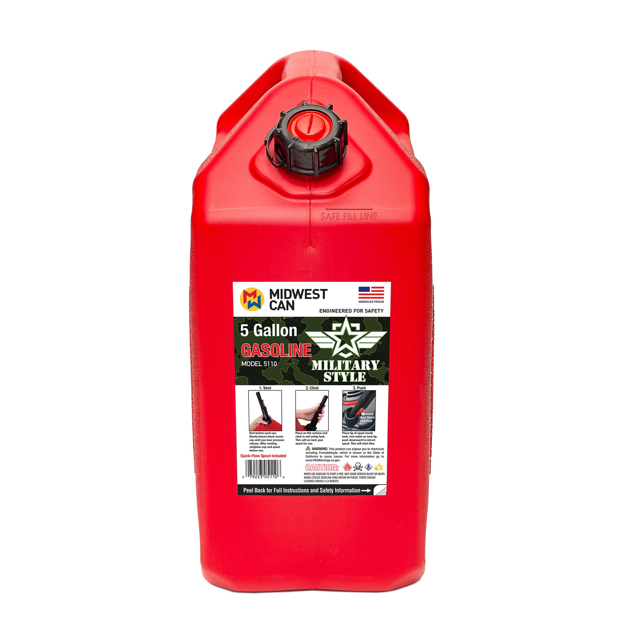 Midwest Can Company Military Style Gas Can with Quick Flow Spout, 5 Gallons, Red - VMInnovations
