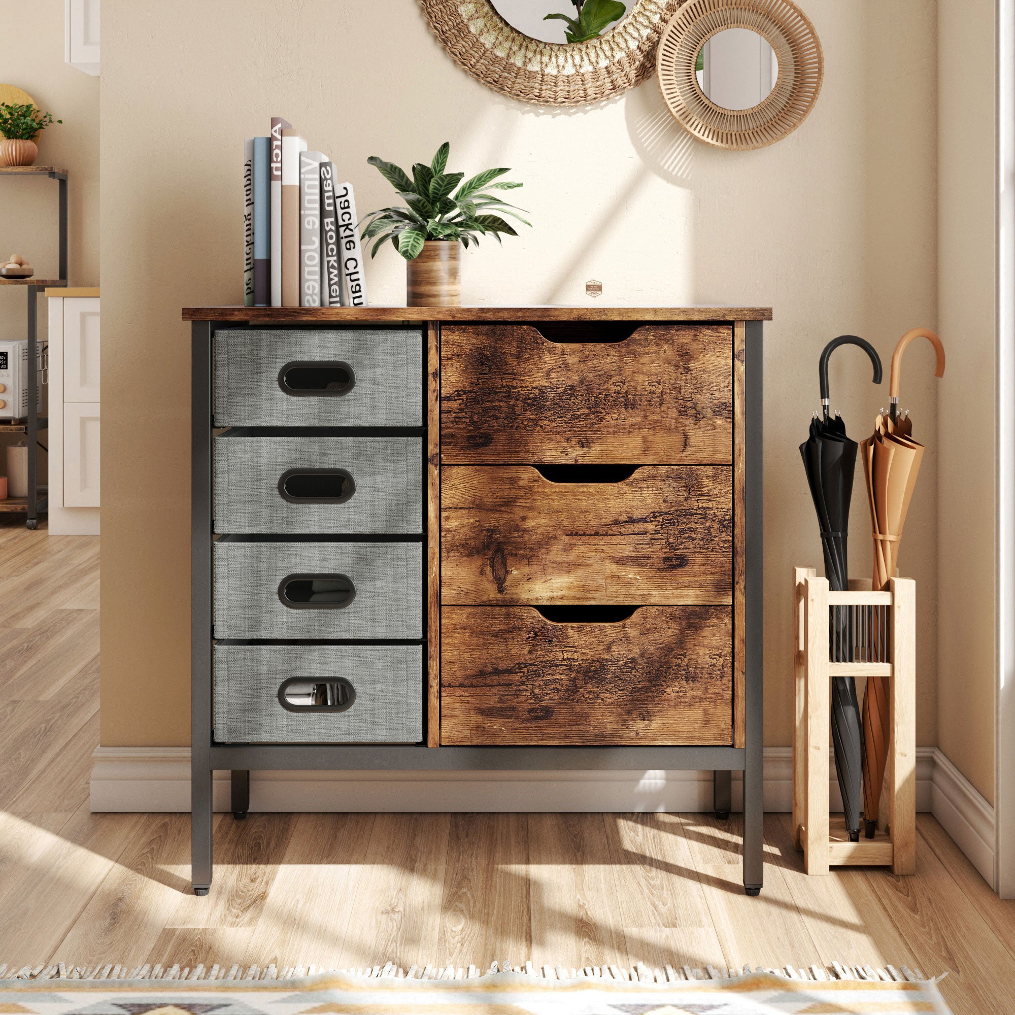 Bestier Buffet Hallway & Living Room Cabinet 7 Drawers ,Rustic Brown (For Parts) - VMInnovations