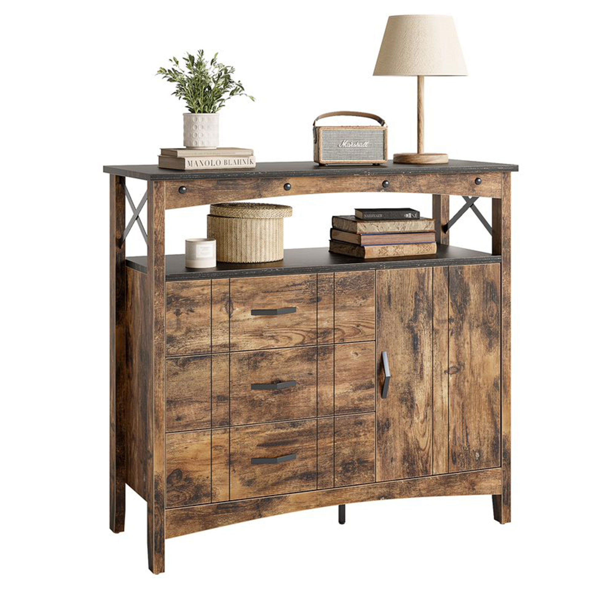 Bestier Buffet Hallway & Living Room Storage Cabinet w/ 3 Drawers, Rustic Brown - VMInnovations