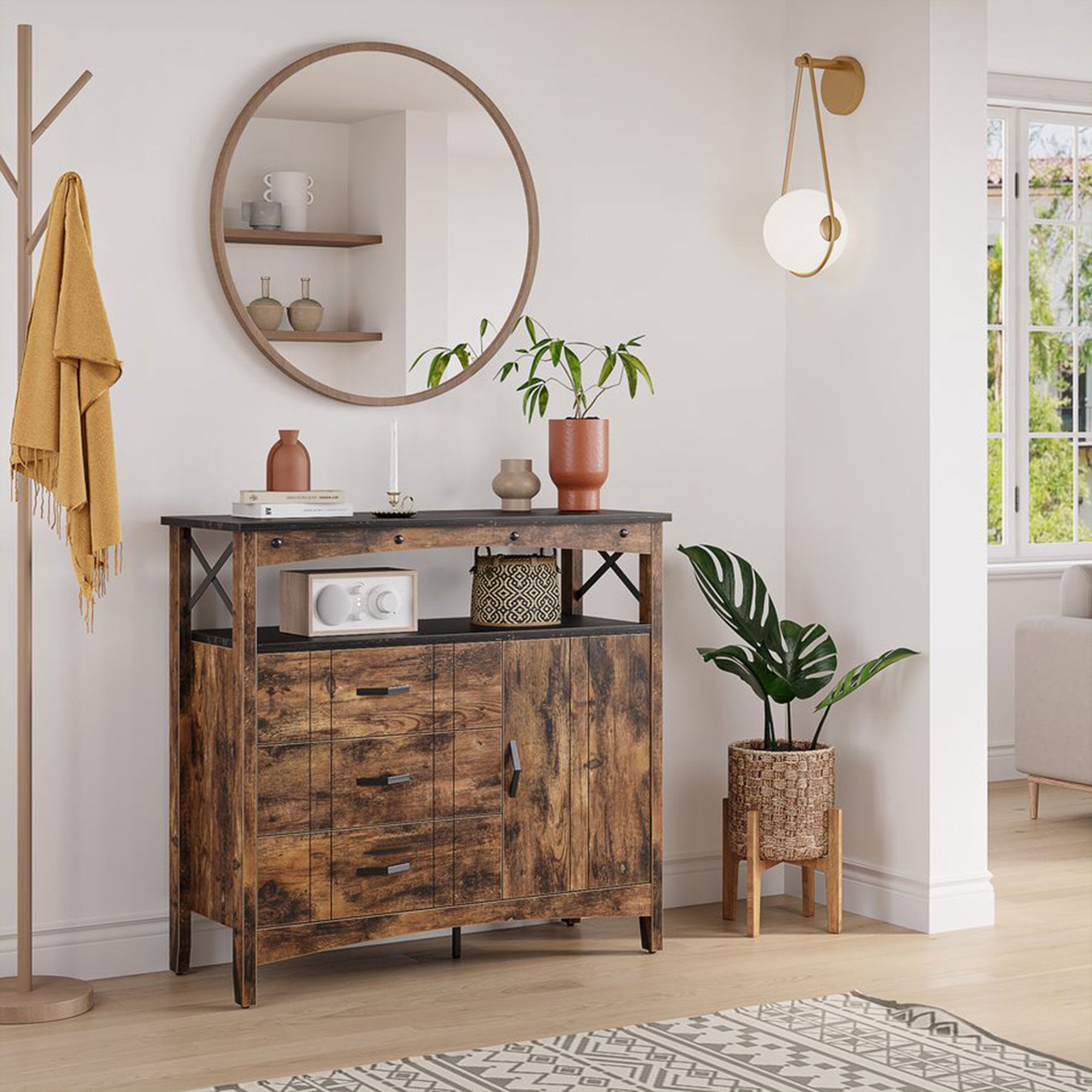 Bestier Buffet Hallway & Living Room Storage Cabinet w/ 3 Drawers, Rustic Brown - VMInnovations