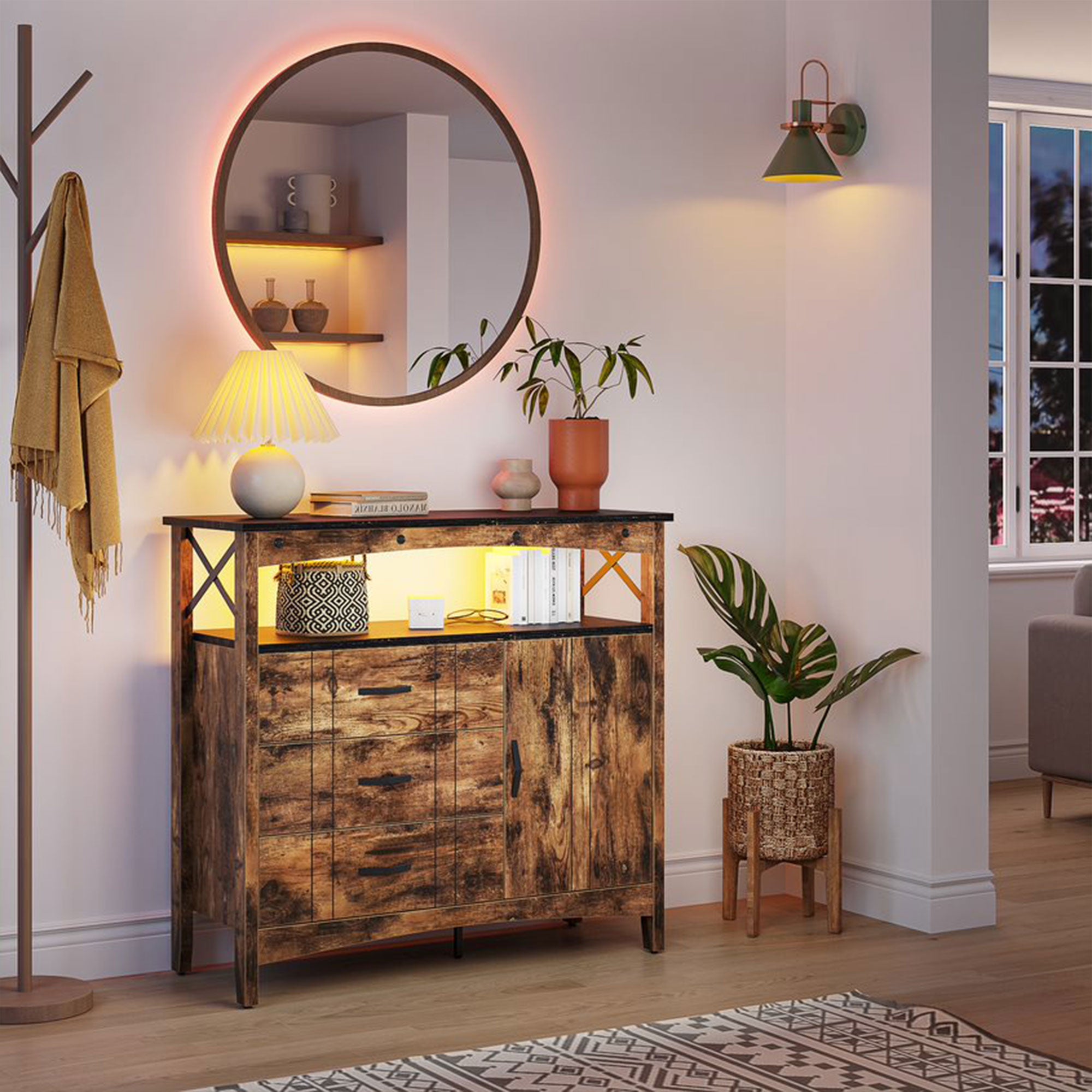 Hallway & Living Room Storage Cabinet w/ 3 Drawers, Rustic Brown (For Parts) - VMInnovations