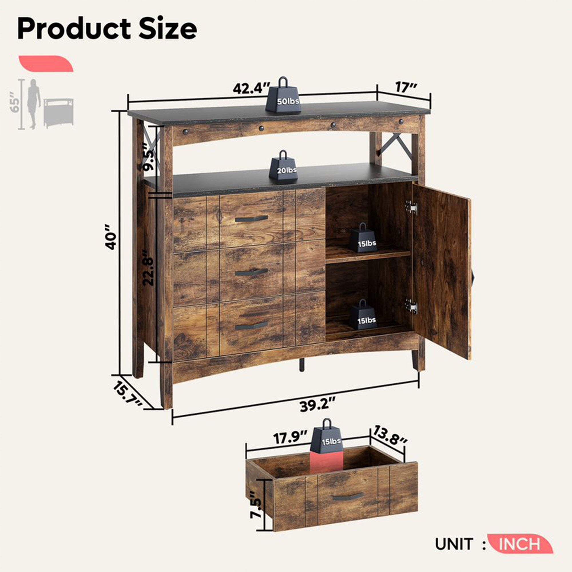 Bestier Buffet Hallway & Living Room Storage Cabinet w/ 3 Drawers, Rustic Brown - VMInnovations