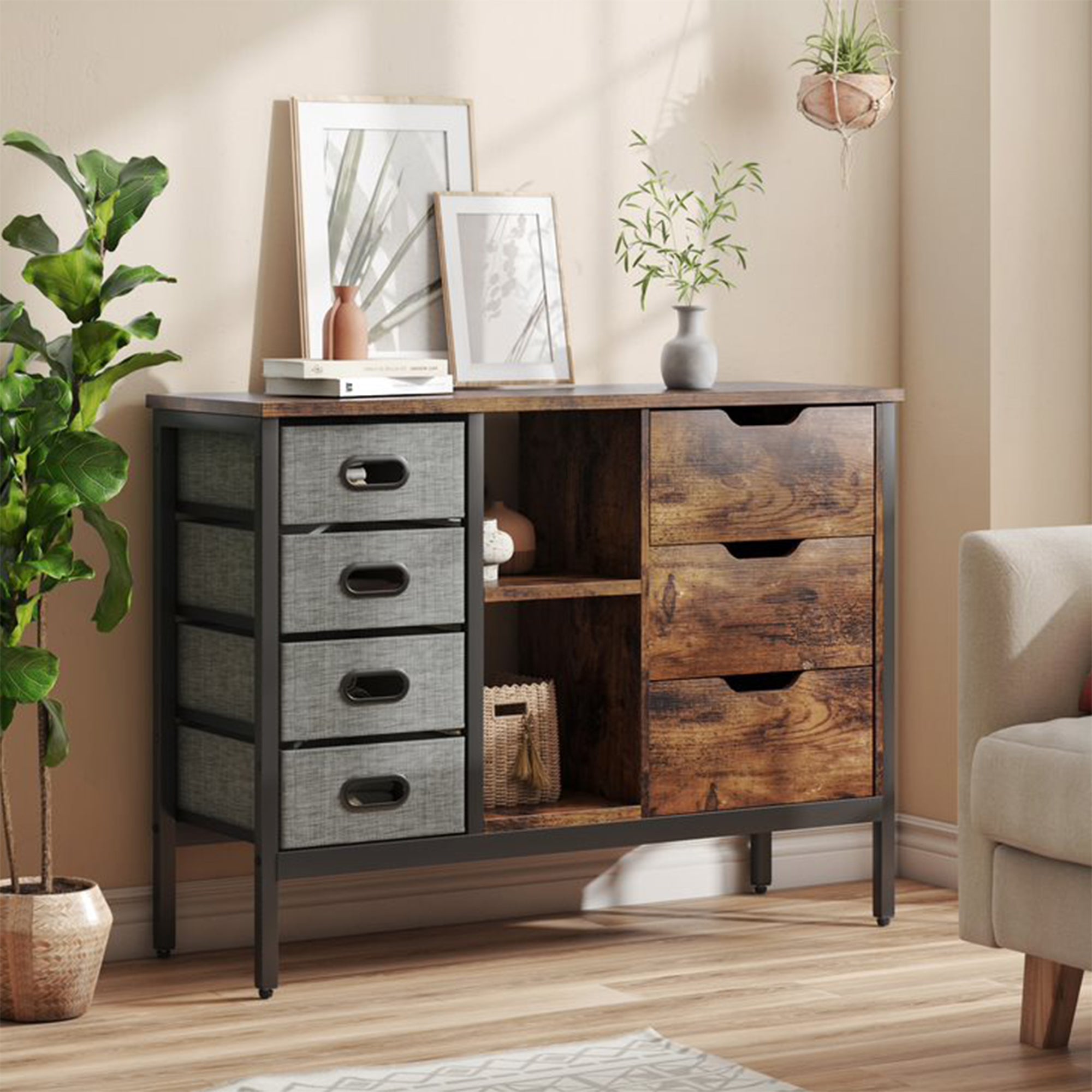 Bestier Sideboard Storage Unit w/ 3 Drawers, 2 Shelves & 4 Sliding Fabric Cubes