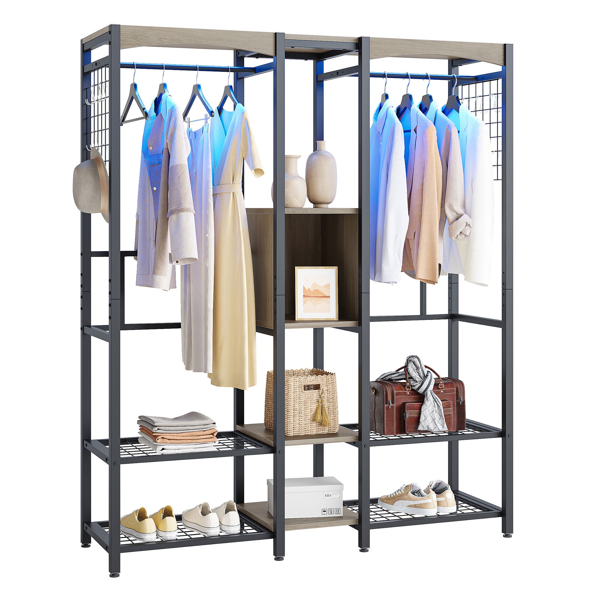 Metal Freestand Wardrobe w/Wood Shelves & Color Changing Lights, Gray (Used)